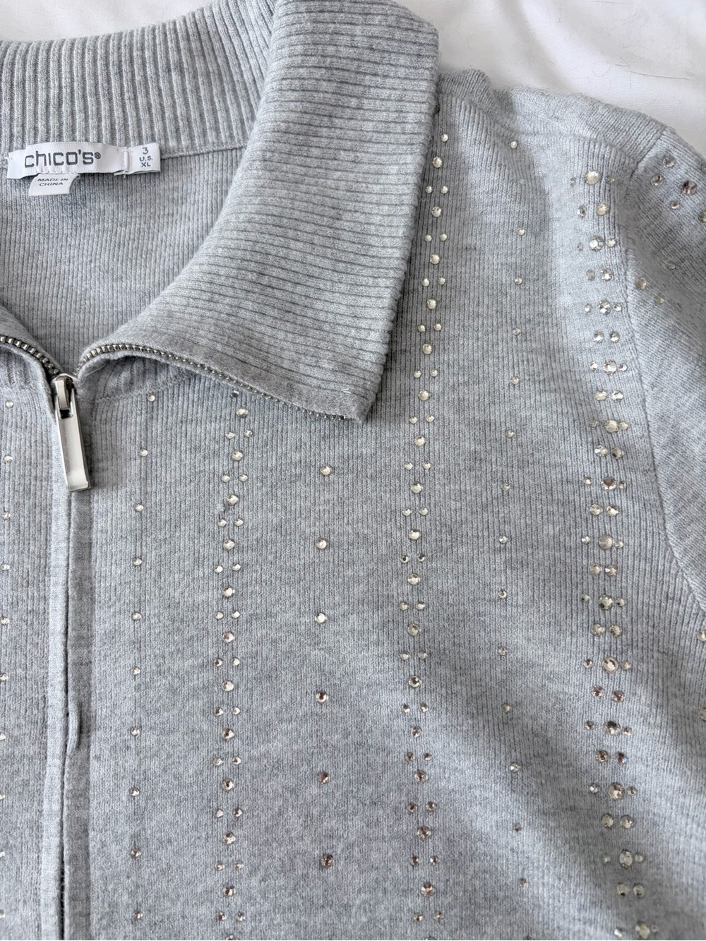 Chico's Light Gray Zip Cardigan and pant set with Rhinestone Stripe Detail.